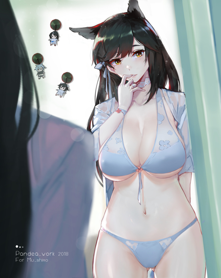 1girl animal_ears artist_name ass_visible_through_thighs atago_(azur_lane) azur_lane bangs bikini black_hair blue_bikini bow breasts brown_eyes choker collarbone commentary cowboy_shot english_commentary extra_ears finger_to_mouth frame green_background highres large_breasts looking_at_viewer mirror mirror_image mole mole_under_eye multiple_views navel pandea_work ribbon shirt swept_bangs swimsuit white_ribbon white_shirt
