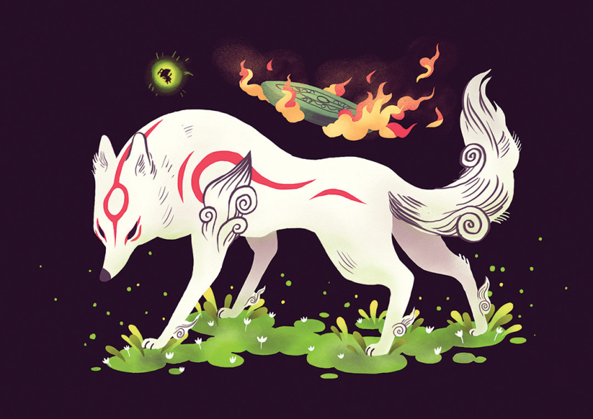 amaterasu commentary english_commentary flower from_side full_body grass heikala no_humans ookami_(game) white_flower wolf