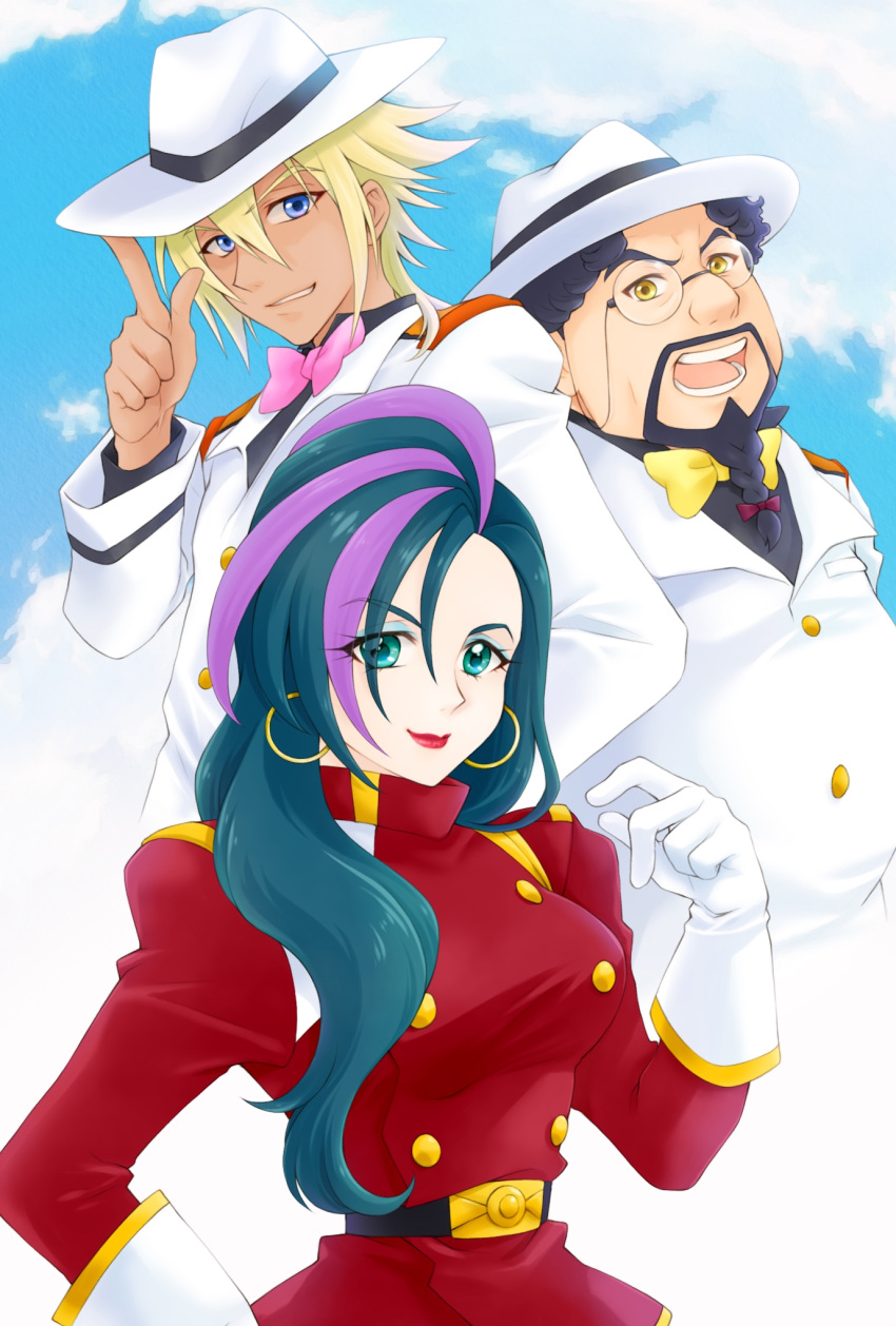 1girl 2boys aizen_(syoshiyuki) beard belt black_hair blonde_hair blue_hair bow bowtie braided_beard breasts brown_eyes buttons charaleet_(precure) daigan_(precure) earrings facial_hair formal glasses gloves green_eyes hat highres hoop_earrings hugtto!_precure jewelry lipstick long_hair looking_at_viewer makeup multicolored_hair multiple_boys open_mouth papple_(precure) pink_hair precure smile suit tan two-tone_hair violet_eyes white_gloves