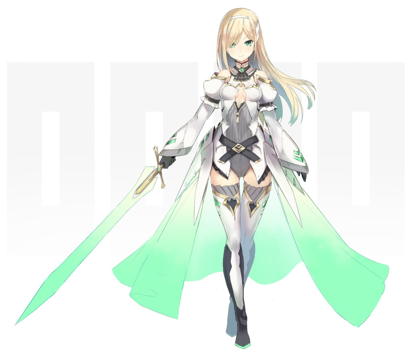1girl bangs black_gloves blonde_hair boots breasts cape choker cleavage cleavage_cutout detached_sleeves floating_hair full_body gloves green_cape green_eyes grey_leotard hairband highres holding holding_sword holding_weapon isegawa_yasutaka leotard long_hair long_sleeves looking_at_viewer office_lady original small_breasts smile standing swept_bangs sword thigh-highs thigh_boots very_long_hair waist_cape weapon white_background white_footwear white_hairband white_sleeves