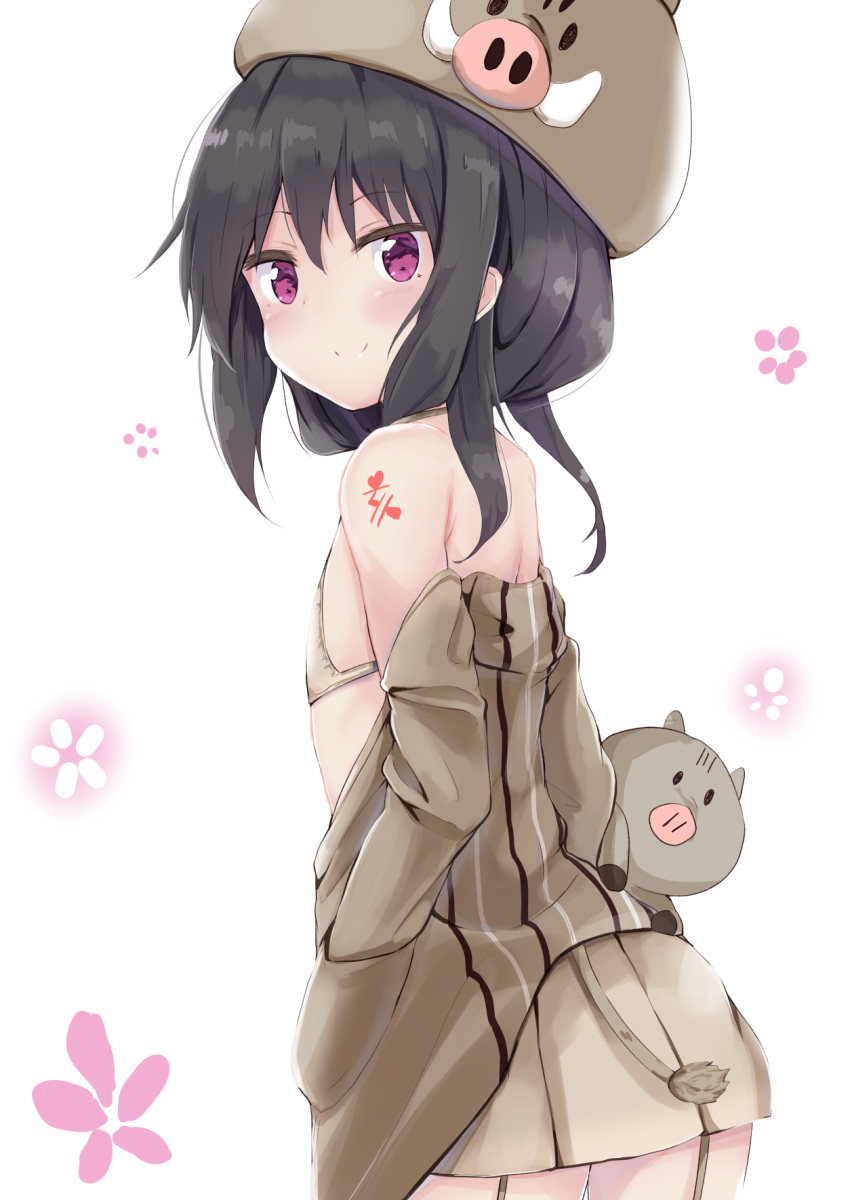 1girl amano_kouki animal bangs bare_shoulders black_hair blush bra brown_bra brown_hat brown_jacket brown_skirt chinese_zodiac closed_mouth commentary_request eyebrows_visible_through_hair garter_straps hair_between_eyes hat highres jacket long_hair looking_at_viewer looking_to_the_side note-chan off_shoulder original pig pig_hat pig_tail pleated_skirt simple_background skirt smile solo tail underwear violet_eyes white_background year_of_the_pig