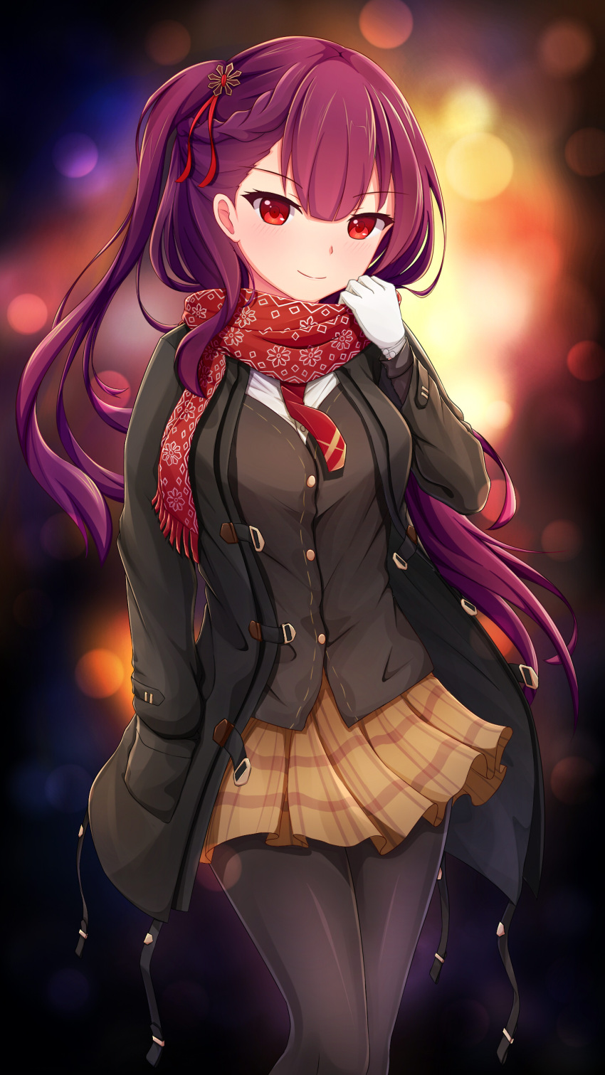 1girl absurdres adjusting_scarf alternate_costume bangs black_coat black_skirt blush breasts brown_skirt closed_mouth coat day eyebrows_visible_through_hair girls_frontline gloves hair_ornament hair_ribbon highres large_breasts long_hair looking_at_viewer necktie one_side_up outdoors pantyhose plaid pleated_skirt purple_hair red_eyes red_neckwear red_scarf ribbon scarf shirt skirt smile snowflake_hair_ornament snowflake_print solo trimbil very_long_hair wa2000_(girls_frontline) white_gloves