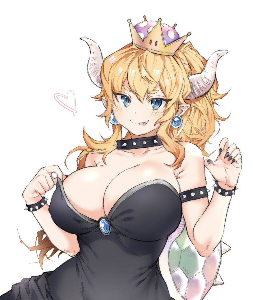 1girl :p bangs bare_shoulders black_collar black_dress black_nails blonde_hair blue_earrings blue_eyes bowsette bracelet breasts cleavage collar cpqm crown dress earrings gem highres horns jewelry large_breasts long_hair looking_at_viewer super_mario_bros. nail_polish new_super_mario_bros._u_deluxe nintendo pointy_ears ponytail sharp_teeth simple_background smile solo spiked_armlet spiked_bracelet spiked_collar spiked_shell spikes strapless strapless_dress super_crown teeth tongue tongue_out turtle_shell upper_body white_background