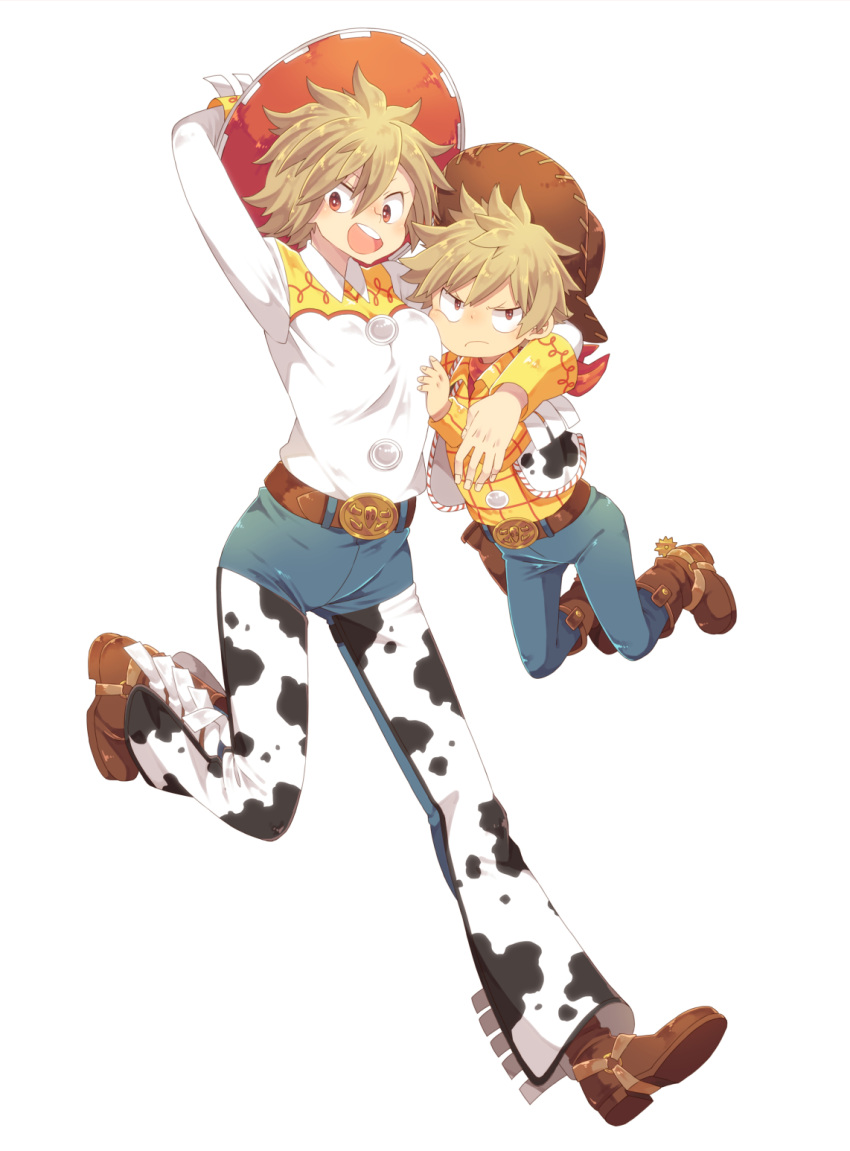 1boy 1girl :o animal_print arm_up bakugou_katsuki bakugou_mitsuki belt belt_buckle blonde_hair brown_eyes brown_footwear brown_hat buckle cosplay cow_print cowboy_hat denim frown hat highres holding jeans jessie_the_yodeling_cowgirl jessie_the_yodeling_cowgirl_(cosplay) looking_at_viewer mother_and_son pants sheriff_woody sheriff_woody_(cosplay) simple_background spiky_hair spurs toy_story uppi vest white_background younger