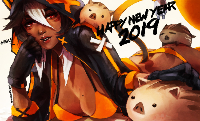 1girl 2019 absurdres animal animal_hood animal_on_ass animal_on_shoulder artist_name ass axis_(monori_rogue) bikini black_gloves black_hair boar breasts butt_crack cat_hood chin_rest cleavage commentary dark_skin electric_plug english_commentary gloves hair_between_eyes happy_new_year highres hood lips lipstick lying makeup mole mole_on_breast monori_rogue multicolored_hair new_year nose on_stomach orange_bikini original parted_lips petting pig red_eyes short_hair shrug_(clothing) solo_focus swimsuit tail two-tone_hair white_background white_hair