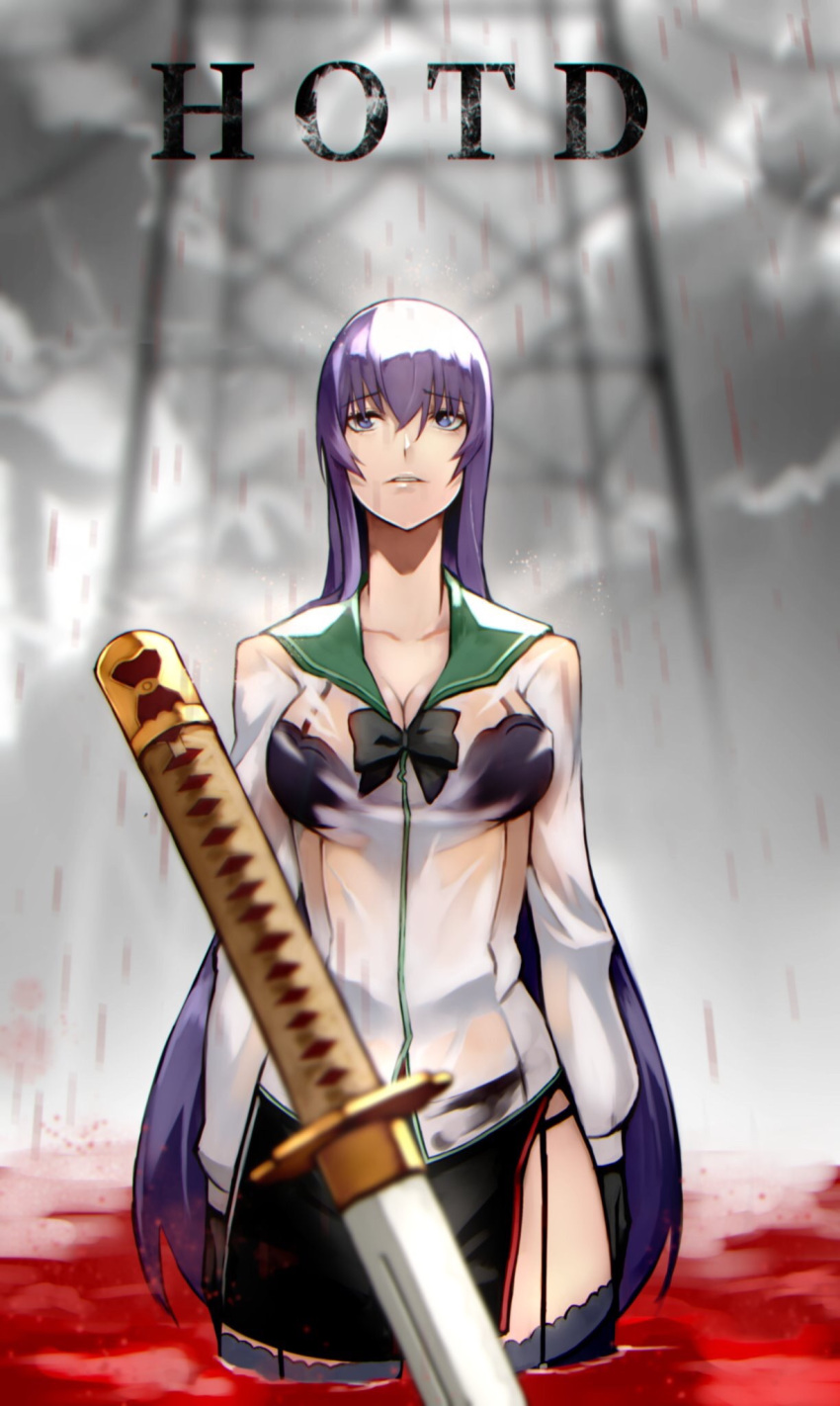 1girl 55level bangs black_bow black_bra black_panties black_skirt blood blue_eyes bow bra breasts busujima_saeko cleavage eyebrows_visible_through_hair hair_between_eyes highres highschool_of_the_dead katana lace lace-trimmed_thighhighs large_breasts long_hair panties parted_lips partially_submerged pool_of_blood purple_hair school_uniform see-through serafuku side_slit skirt solo standing sword thigh-highs title underwear very_long_hair weapon wet wet_clothes