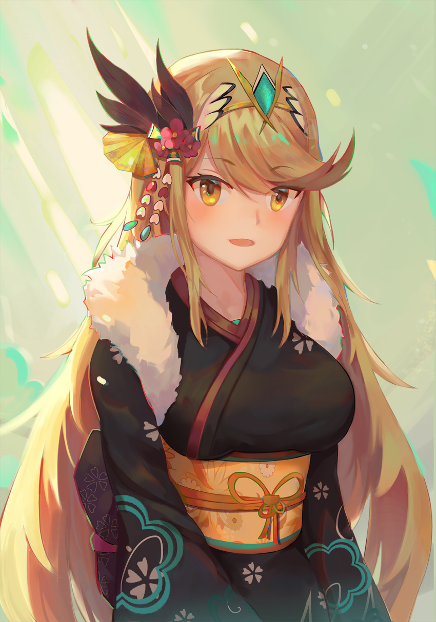 1girl bangs blonde_hair earrings flower hair_flower hair_ornament headpiece highres mythra_(xenoblade) japanese_clothes jewelry kiiro_kimi kimono long_hair long_sleeves looking_at_viewer new_year nintendo obi sash smile solo swept_bangs tiara xenoblade_(series) xenoblade_2 yellow_eyes