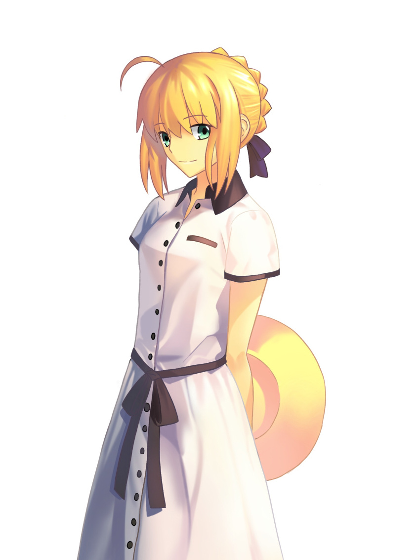 1girl ahoge arms_behind_back artoria_pendragon_(all) berrykanry black_ribbon blonde_hair braided_bun dress eyebrows_visible_through_hair fate/stay_night fate_(series) green_eyes hair_between_eyes hair_ribbon hat hat_removed headwear_removed highres holding holding_hat looking_at_viewer ribbon saber_alter shiny shiny_hair short_sleeves simple_background smile solo standing sun_hat tied_hair white_background white_dress yellow_hat
