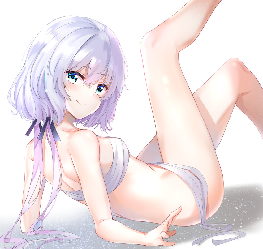 1girl absurdres bangs bare_arms bare_legs bare_shoulders black_ribbon blue_eyes blush breasts closed_mouth commentary eyebrows_visible_through_hair feet_out_of_frame hair_between_eyes hair_ribbon head_tilt highres knees_up konno_junko leg_up long_hair looking_at_viewer looking_back low_twintails reclining revision ribbon sarashi shadow shoulder_blades simple_background small_breasts smile solo sunhyun thighs twintails white_background white_hair zombie_land_saga
