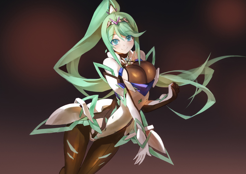 1girl armor bangs bodystocking breasts chinese_commentary cleavage closed_mouth commentary commentary_request earrings eyebrows_visible_through_hair faulds gauntlets green_eyes green_hair headband high_ponytail jewelry large_breasts long_hair looking_at_viewer nintendo pantyhose partial_commentary pneuma_(xenoblade) ponytail see-through sidelocks simple_background smile solo spoilers standing very_long_hair xenoblade_(series) xenoblade_2 yostxxx