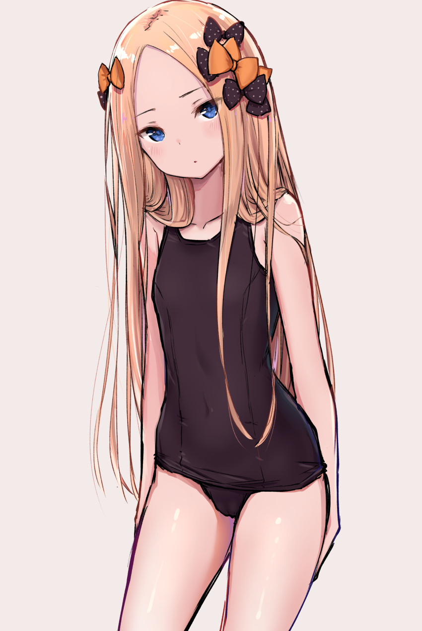 1girl abigail_williams_(fate/grand_order) absurdres alternate_costume bangs black_bow black_school_swimsuit blonde_hair blue_eyes blush bow breasts collarbone commentary_request covered_navel fate/grand_order fate_(series) gantan hair_bow head_tilt highres long_hair looking_at_viewer one-piece_swimsuit orange_bow parted_bangs polka_dot polka_dot_bow school_swimsuit simple_background sketch small_breasts solo standing swimsuit very_long_hair