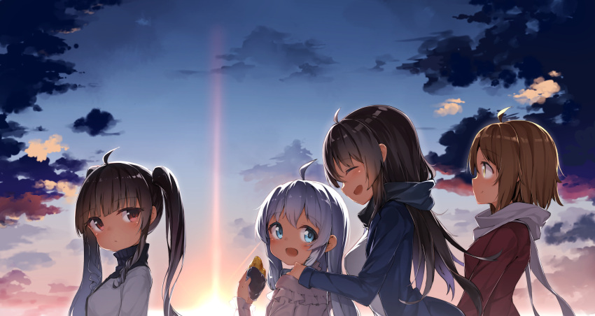 4girls :d absurdres ahoge bangs black_sweater blue_eyes blue_hair blue_jacket blue_scarf blue_sky blush brown_eyes brown_hair closed_mouth clouds commentary darnell english_commentary eyebrows_visible_through_hair food hair_between_eyes highres holding holding_food jacket long_hair long_sleeves multiple_girls open_mouth outdoors profile red_eyes red_jacket ribbed_sweater scarf shirt sky sleeves_past_wrists smile soul_worker stella_unibell sunset sweater turtleneck turtleneck_sweater twintails upper_body very_long_hair white_jacket white_scarf white_shirt