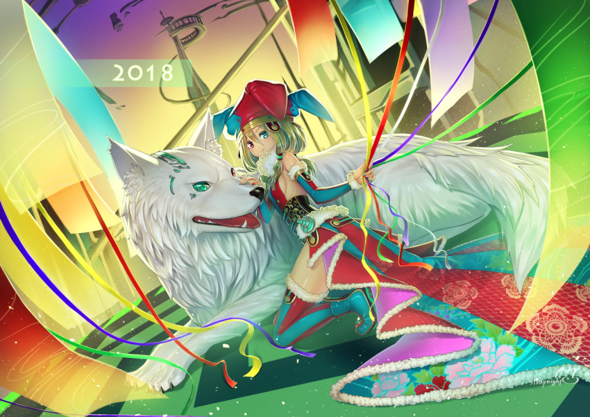 1girl blonde_hair chinese_zodiac cybernetic_parts detached_sleeves flat_chest fur fur_collar fur_trim green_eyes happy_new_year hat heterochromia holding_string jester jester_cap kneeling looking_at_viewer mitake_eiru nail_polish nengajou new_year original red_eyes smile thigh-highs white_wolf year_of_the_dog