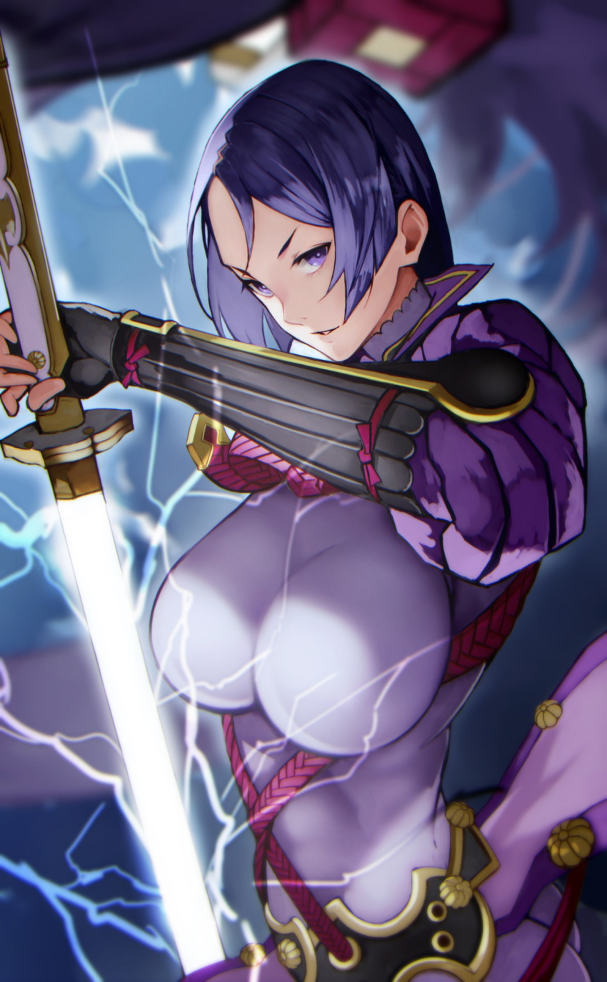 1girl 55level arm_guards bangs black_gloves bodysuit breasts covered_navel electricity fate/grand_order fate_(series) fingerless_gloves gloves glowing glowing_sword glowing_weapon highres large_breasts long_hair minamoto_no_raikou_(fate/grand_order) parted_bangs parted_lips purple_bodysuit purple_hair ribbed_sleeves rope sheath skin_tight sword unsheathing very_long_hair violet_eyes weapon