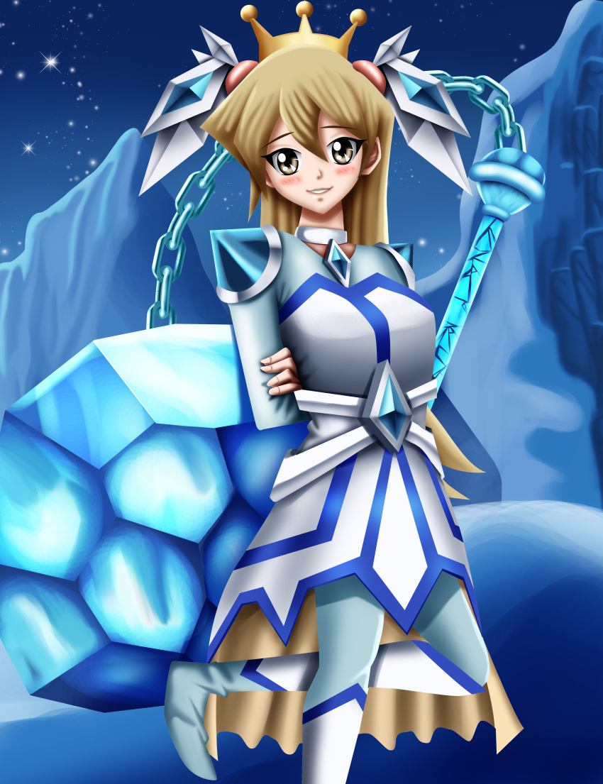 1girl amulet arms_behind_back ball_chain blizzard_princess blonde_hair blush chain cosplay crystal cute dancing ice ice_ball long_hair mountain sincity2100 smile snow tenjouin_asuka white_dress yellow_eyes yu-gi-oh! yugioh_gx yuu-gi-ou yuu-gi-ou_gx