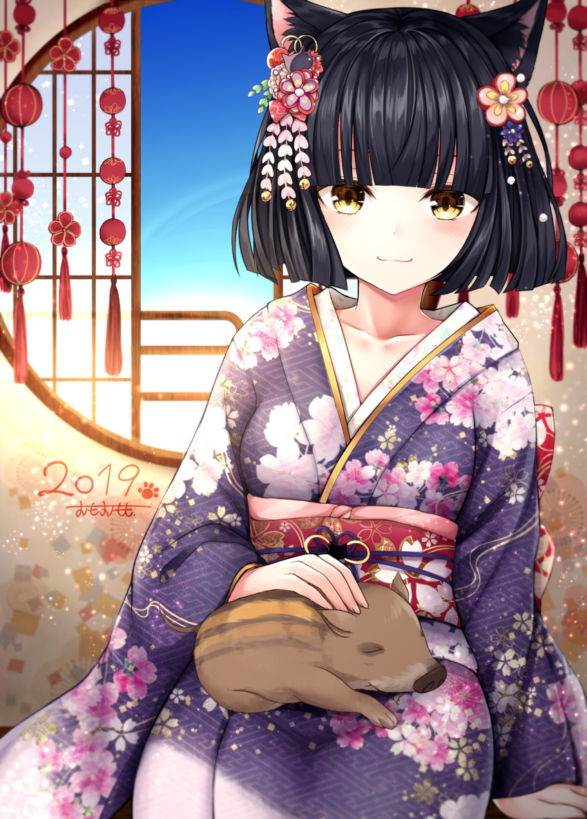 1girl 2019 animal animal_ear_fluff animal_ears bangs black_hair blue_sky blunt_bangs blush bob_cut brown_eyes cat_ears chinese_zodiac closed_mouth collarbone commentary_request day fingernails floral_print hair_ornament happy_new_year highres indoors japanese_clothes kimono long_sleeves looking_at_viewer nengajou new_year obi omoomomo original pig print_kimono purple_kimono sash seiza short_hair sitting sky smile solo sunlight year_of_the_pig