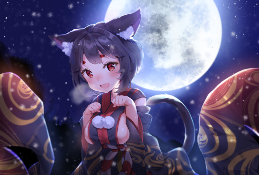 1girl :d animal_ear_fluff animal_ears azur_lane bangs black_hair black_kimono black_sleeves blurry blurry_background blush breasts cat_ears cat_girl cat_tail cheli_(kso1564) commentary_request depth_of_field detached_sleeves eyebrows_visible_through_hair fang full_moon hands_up highres japanese_clothes kimono long_sleeves looking_at_viewer moon night night_sky open_mouth outdoors paw_pose red_eyes sideboob sky sleeveless sleeveless_kimono smile snowing solo tail tail_raised thick_eyebrows wide_sleeves yamashiro_(azur_lane)
