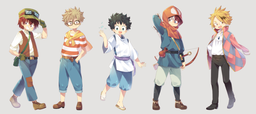 5boys ashitaka ashitaka_(cosplay) bag bakugou_katsuki belt black_hair black_pants blonde_hair boku_no_hero_academia bow_(weapon) brown_eyes brown_footwear character_request cosplay denim frown glasses gloves green_eyes grey_background grey_eyes haku_(sen_to_chihiro_no_kamikakushi) haku_(sen_to_chihiro_no_kamikakushi)_(cosplay) hand_on_hip highres hood howl_(howl_no_ugoku_shiro) howl_(howl_no_ugoku_shiro)_(cosplay) howl_no_ugoku_shiro jacket jeans kaminari_denki kirishima_eijirou looking_at_viewer majo_no_takkyuubin male_focus midoriya_izuku mononoke_hime multicolored_hair multiple_boys open_mouth pants pazu pazu_(cosplay) pouch red_hood redhead sandals sen_to_chihiro_no_kamikakushi shirt shoes smile spiky_hair standing tenkuu_no_shiro_laputa todoroki_shouto tombo two-tone_hair uppi vest weapon white_hair white_shirt