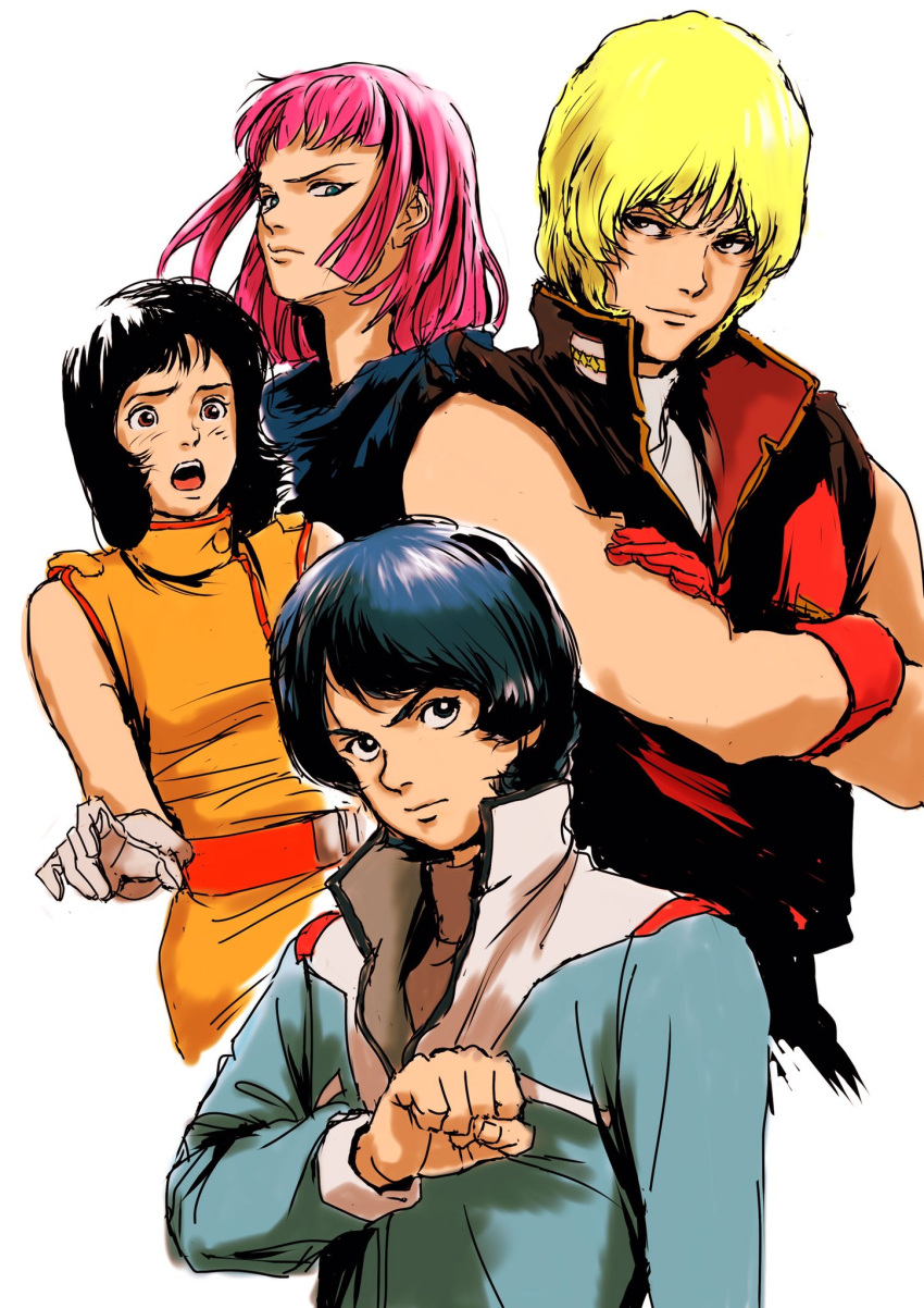 2boys 2girls black_hair blonde_hair char_aznable fa_yuiry gundam haman_karn highres kamille_bidan multiple_boys multiple_girls pink_hair quattro_vageena short_hair teikoku teikoku_jokyoku uniform zeta_gundam