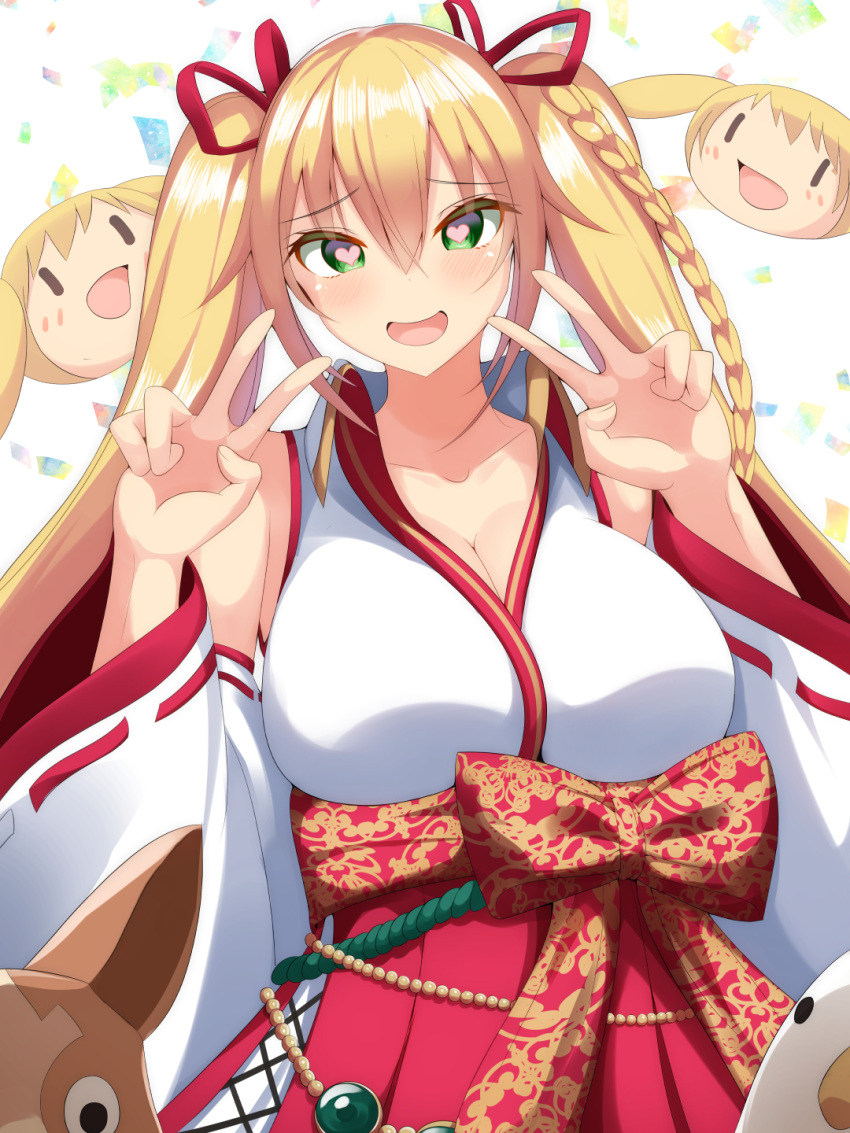 .live 1girl :d bare_shoulders blonde_hair blush braid breasts collarbone detached_sleeves double_v eyebrows_visible_through_hair green_eyes hair_between_eyes hair_ribbon heart heart-shaped_pupils highres japanese_clothes kongou_iroha large_breasts long_hair long_sleeves looking_at_viewer miko okapixi open_mouth pleated_skirt red_ribbon red_skirt ribbon ribbon-trimmed_sleeves ribbon_trim sash side_braid skirt smile solo symbol-shaped_pupils twintails v virtual_youtuber wide_sleeves