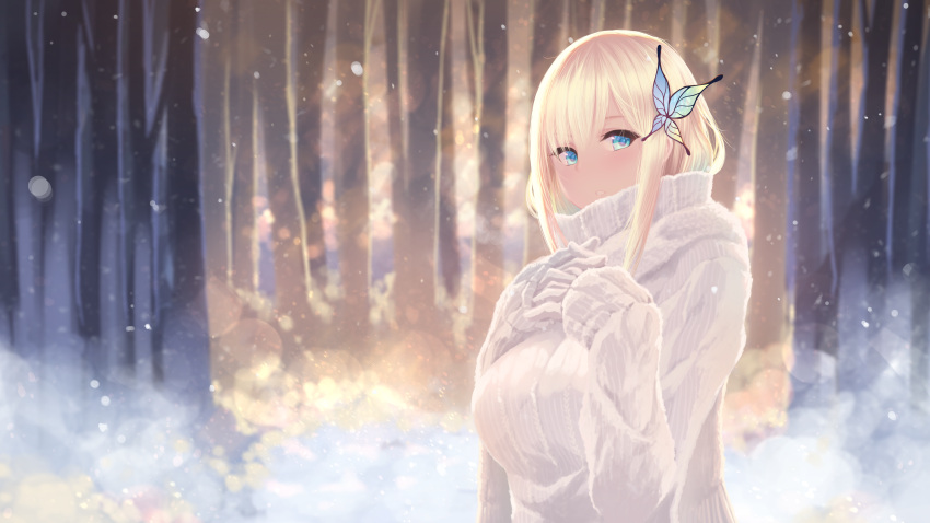 1girl absurdres bangs blonde_hair blue_eyes blush boku_wa_tomodachi_ga_sukunai breasts bug butterfly butterfly_hair_ornament cait gloves hair_ornament hands_on_own_chest highres huge_filesize insect kashiwazaki_sena large_breasts lens_flare long_hair long_sleeves looking_at_viewer outdoors paid_reward parted_lips patreon_reward sidelocks sleeves_past_wrists snow snowing solo sweater teeth tree turtleneck turtleneck_sweater upper_body white_gloves white_sweater winter winter_clothes