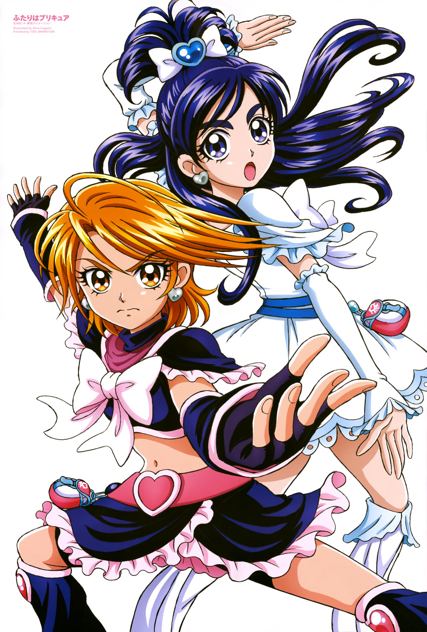 2girls absurdres bike_shorts black_gloves black_shorts black_skirt black_sleeves blue_hair boots bow brown_eyes crop_top cure_black cure_white detached_sleeves dress earrings fingerless_gloves floating_hair futari_wa_precure gloves grey_eyes hair_bow hair_ornament heart heart_earrings heart_hair_ornament highres inagami_akira jewelry knee_boots leg_warmers long_hair long_sleeves looking_at_viewer midriff misumi_nagisa multiple_girls navel orange_hair outstretched_arms precure short_dress short_hair short_shorts short_sleeves shorts shorts_under_skirt simple_background skirt stance stomach tied_hair very_long_hair white_background white_bow white_dress white_footwear white_neckwear white_sleeves yukishiro_honoka