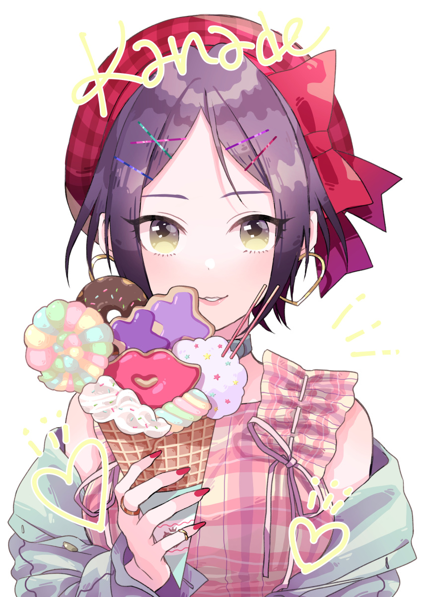 absurdres beret character_name choker cookie crepe doughnut earrings food hair_ornament hairclip hat hayami_kanade heart heart_earrings highres hoop_earrings idolmaster idolmaster_cinderella_girls jacket jewelry light_smile lips long_sleeves looking_at_viewer madarame_(mdrm89) nail_polish off_shoulder pinky_ring plaid pocky portrait purple_hair red_nails ring short_hair simple_background sprinkles white_background yellow_eyes