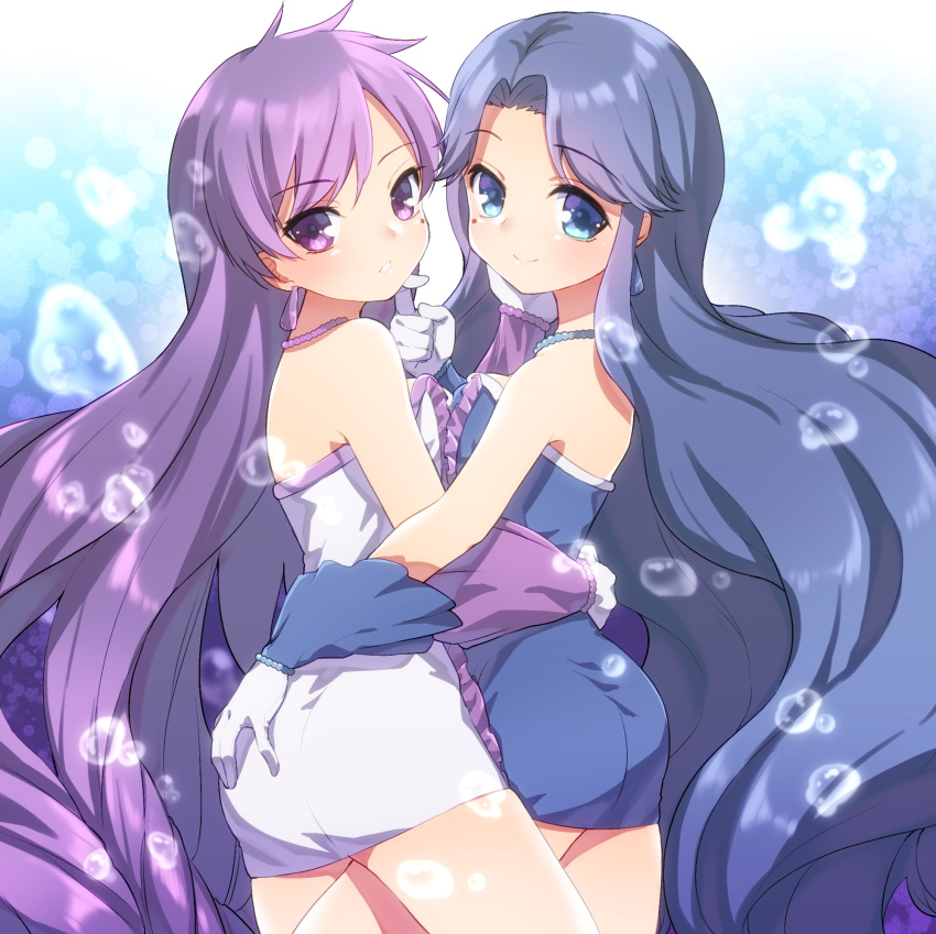 2girls air_bubble ass bangs bare_shoulders bead_necklace beads blue_dress blue_eyes blue_hair blush breast_press bubble busujima_funya caren_(mermaid_melody_pichi_pichi_pitch) closed_mouth cowboy_shot dress earrings frilled_dress frills from_side gloves hand_on_another's_face hand_on_ass highres hug jewelry leg_between_thighs long_hair looking_at_viewer mermaid_melody_pichi_pichi_pitch mole mole_under_eye multiple_girls necklace noel_(mermaid_melody_pichi_pichi_pitch) parted_bangs parted_lips purple_hair shell_earrings short_dress siblings sisters smile strapless strapless_dress symmetrical_docking twins very_long_hair violet_eyes white_dress white_gloves