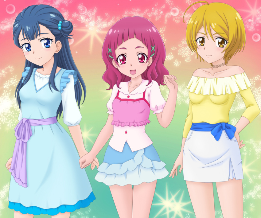 3girls :d ahoge blonde_hair blouse blue_dress blue_eyes blue_hair blue_skirt breasts camisole casual clenched_hands closed_mouth collared_blouse commentary_request cowboy_shot dress hair_bobbles hair_ornament hairclip hand_on_hip hugtto!_precure jewelry kagayaki_homare layered_clothing layered_skirt light_blush long_hair long_sleeves looking_at_viewer medium_breasts medium_dress medium_hair miniskirt miracle! multicolored multicolored_background multiple_girls necklace nono_hana off-shoulder_shirt off_shoulder open_mouth pencil_skirt pink_eyes pink_hair pink_shirt precure puffy_short_sleeves puffy_sleeves sash shirt short_hair short_sleeves side_bun skirt smile sparkle standing underwear white_blouse white_skirt x_hair_ornament yakushiji_saaya yellow_eyes yellow_shirt