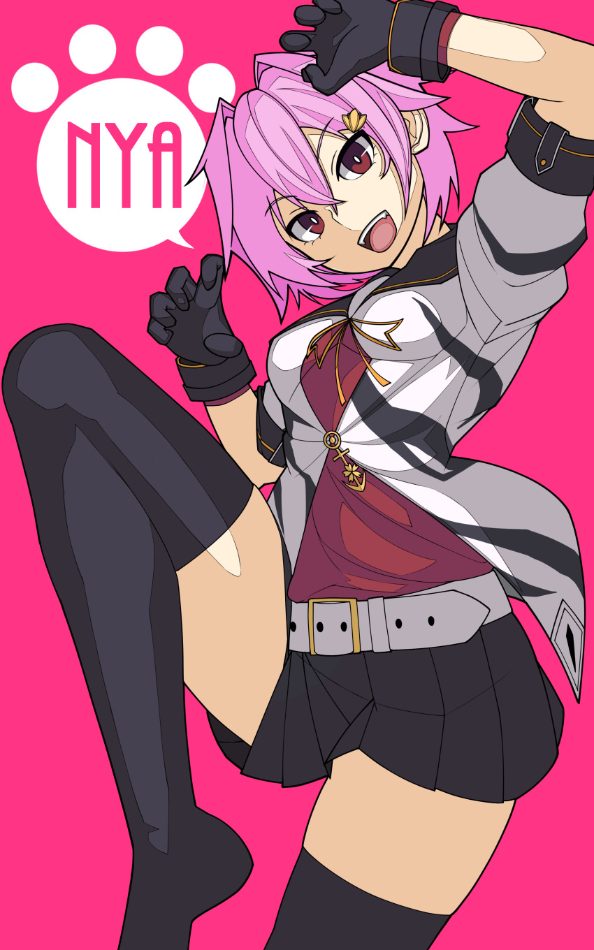 1girl :d absurdres bangs belt black_gloves black_legwear black_skirt breasts eyebrows_visible_through_hair gloves hair_ornament hairclip highres kantai_collection karasuma_kuraha leg_lift looking_at_viewer medium_breasts nyan open_mouth paw_pose pink_background pink_hair pleated_skirt red_eyes remodel_(kantai_collection) ribbon school_uniform serafuku short_hair simple_background skirt smile solo tama_(kantai_collection) teeth thigh-highs thighs yellow_ribbon