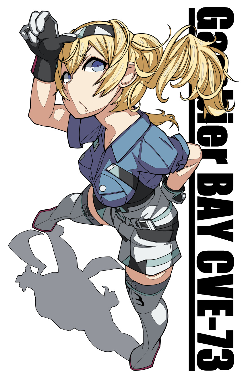 1girl :o absurdres bangs belt black_gloves blonde_hair blue_eyes blue_shirt breast_pocket breasts eyebrows_visible_through_hair full_body gambier_bay_(kantai_collection) gloves hair_between_eyes hand_to_head headband highres kantai_collection karasuma_kuraha long_hair looking_at_viewer medium_breasts pocket shadow shirt short_sleeves shorts simple_background solo standing text_focus thigh-highs twintails white_background