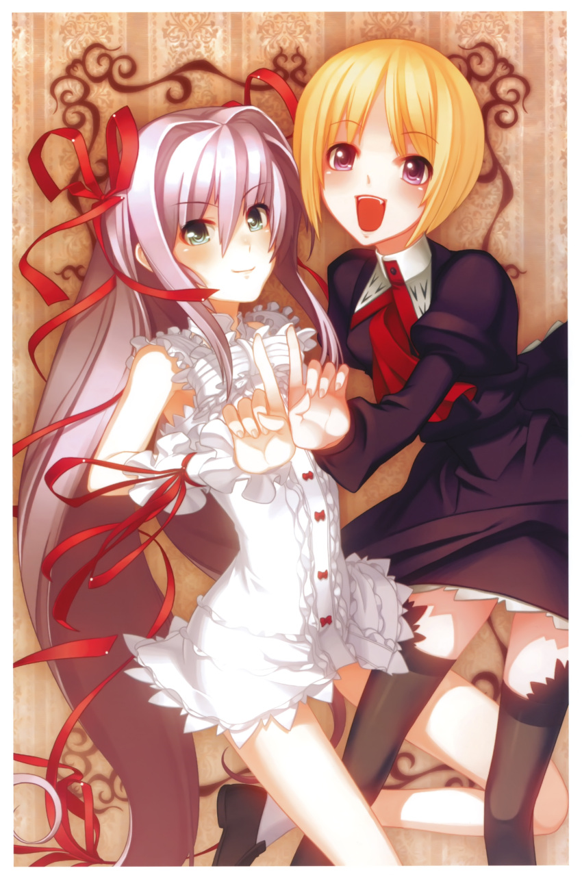 2girls :d absurdres al_azif black_dress black_footwear black_legwear blonde_hair chuuou_higashiguchi demonbane dress eyebrows_visible_through_hair fang floating_hair green_eyes hair_between_eyes hair_ribbon highres index_finger_raised long_hair long_sleeves looking_at_viewer moura multiple_girls open_mouth red_neckwear red_ribbon ribbon shiny shiny_hair short_dress short_hair silver_hair sleeveless sleeveless_dress smile socks standing thigh-highs vampirdzhija_vjedogonia very_long_hair violet_eyes white_dress white_legwear