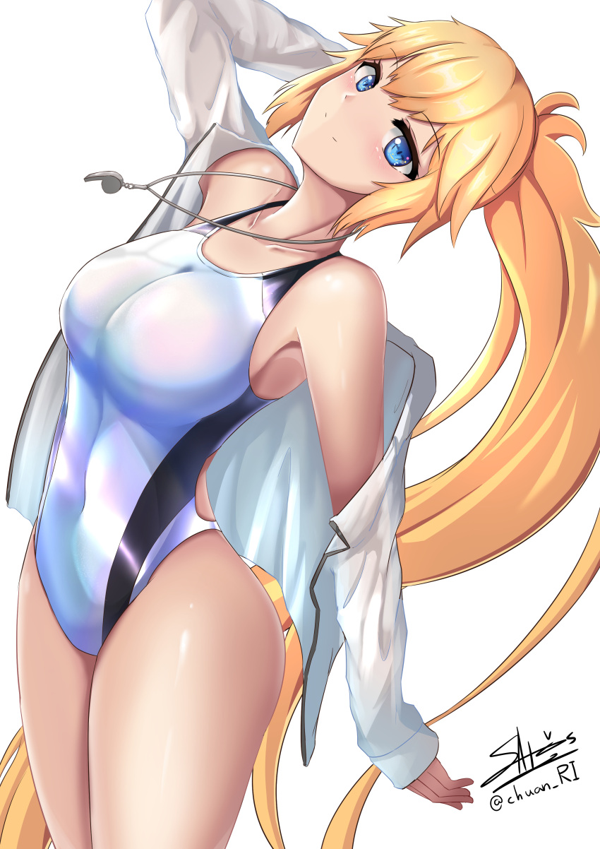 1girl absurdres arched_back blonde_hair blue_eyes breasts competition_swimsuit cowboy_shot fate/grand_order fate_(series) glasses highres ichikawayan jacket jeanne_d'arc_(fate)_(all) jeanne_d'arc_(swimsuit_archer) large_breasts long_braid long_hair looking_at_viewer one-piece_swimsuit ponytail signature simple_background smile solo standing swimsuit whistle whistle_around_neck white_background white_jacket white_swimsuit