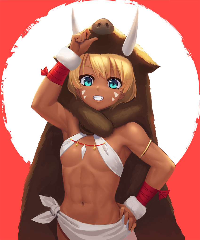 1girl abs aqua_eyes arm_up armlet armpits bandage bandaged_arm bandages bangs bare_shoulders blonde_hair boar breasts chinese_zodiac commentary_request cowboy_shot dark_skin facial_mark fang fur_trim grin groin hair_between_eyes hand_on_hip highres looking_at_viewer navel new_year original parted_bangs pelt ranma_(kamenrideroz) red_background short_hair small_breasts smile solo standing toned tusks whisker_markings white_background wristband year_of_the_pig