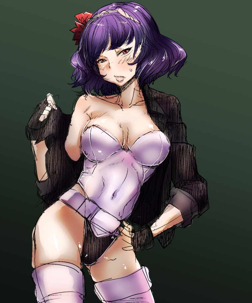 1girl bakuya bangs belt black_gloves breasts cleavage collarbone contrapposto cosplay covered_navel fingerless_gloves flower ghost_in_the_shell ghost_in_the_shell_stand_alone_complex gloves green_background hair_flower hair_ornament hairband highleg highleg_leotard highres jacket kusanagi_motoko kusanagi_motoko_(cosplay) large_breasts lavender_legwear lavender_leotard leotard lips off_shoulder open_clothes open_jacket purple_hair red_eyes short_hair solo standing strapless strapless_leotard thigh-highs touhou yasaka_kanako