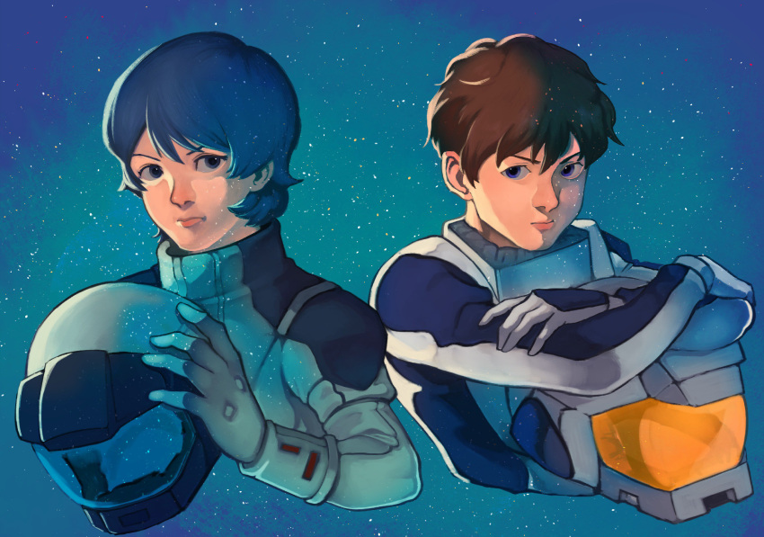 13_sanami 2boys amuro_ray gundam headwear_removed helmet helmet_removed highres kamille_bidan male_focus multiple_boys short_hair spacesuit star_(sky) zeta_gundam