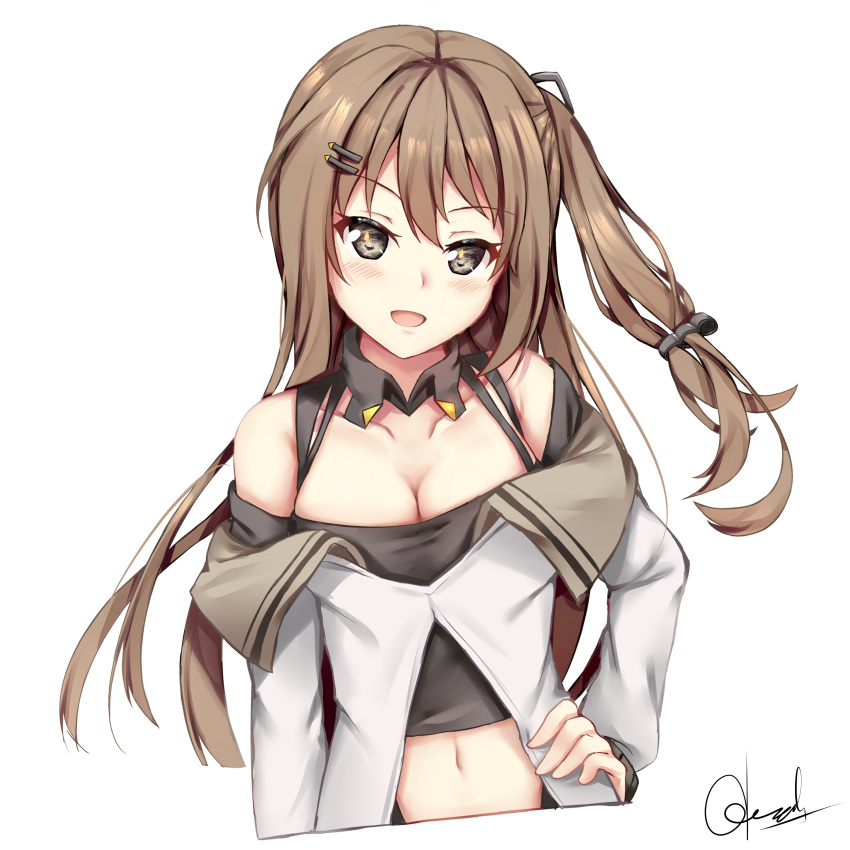1girl :d absurdres arm_at_side bangs bare_shoulders black_eyes black_shirt blush breasts brown_hair center_opening chrisandita cleavage collarbone crop_top cropped_torso detached_collar floating_hair girls_frontline hair_ornament hairclip hand_on_hip head_tilt highres k-2_(girls_frontline) long_hair medium_breasts navel off_shoulder one_side_up open_mouth shirt sidelocks signature simple_background smile solo stomach white_background white_coat