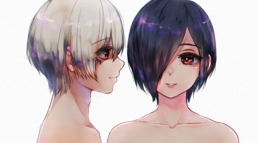 1boy 1girl bare_shoulders closed_mouth collarbone commentary_request eyebrows_visible_through_hair face from_side hair_between_eyes hair_over_one_eye highres kaneki_ken kirishima_touka lips long_eyelashes looking_at_another glasses_shinchuu one_eye_covered open_eyes open_mouth out_of_frame purple_hair red_eyes short_hair simple_background smile tokyo_ghoul tokyo_ghoul:re white_background white_hair