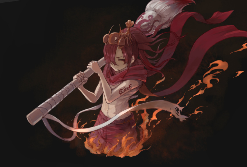 1boy artist_name bangs black_background copyright_request fire hair_over_one_eye holding holding_paintbrush ico6 lobster_hair_ornament long_hair male_focus navel over_shoulder paintbrush pants parted_bangs red_eyes red_scarf redhead scarf simple_background solo standing