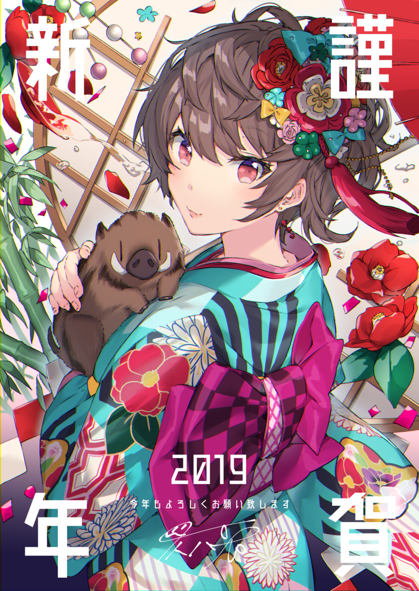 1girl 2019 alcohol animal aqua_kimono bamboo bangs blue_bow boar bow bowl brown_hair camellia chinese_zodiac confetti cup dango earrings floral_print flower food hair_flower hair_ornament highres holding holding_animal itohana japanese_clothes jewelry kanzashi kimono looking_at_viewer looking_back nengajou new_year obi original ponytail red_eyes red_flower sakazuki sanshoku_dango sash signature smile solo spilling tassel wagashi year_of_the_pig |_|