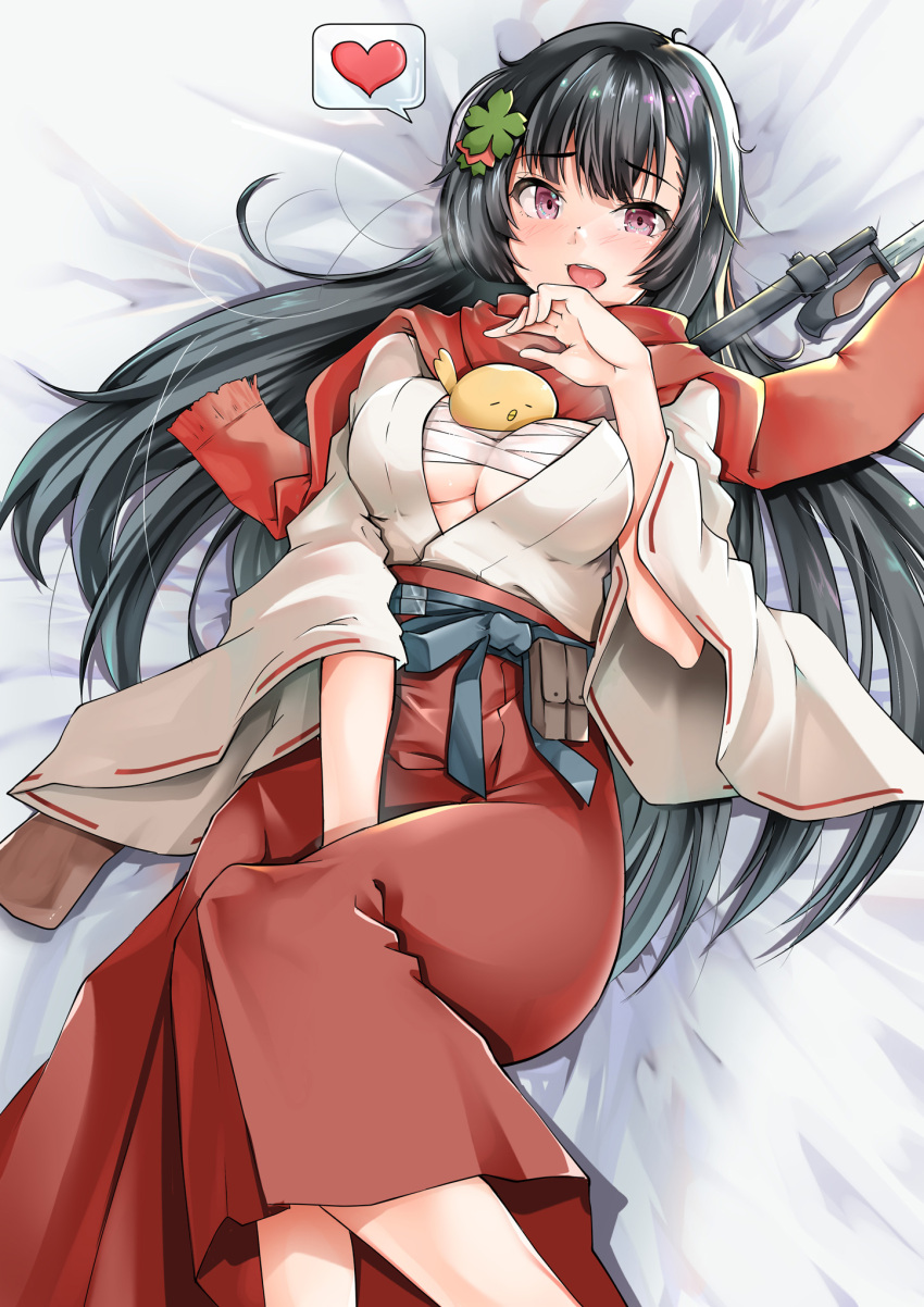 1girl alternate_costume bangs bayonet between_legs bird black_hair blush breasts chick commentary_request eyebrows_visible_through_hair girls_frontline gun hair_ornament hakama hand_between_legs heart highres japanese_clothes kimono long_sleeves looking_at_viewer lying medium_breasts messy_hair miko on_back open_clothes open_mouth open_shirt pouch red_eyes red_hakama red_scarf sarashi scarf sezoku solo speech_bubble spoken_heart submachine_gun type_100 type_100_(girls_frontline) under_boob weapon white_kimono wide_sleeves