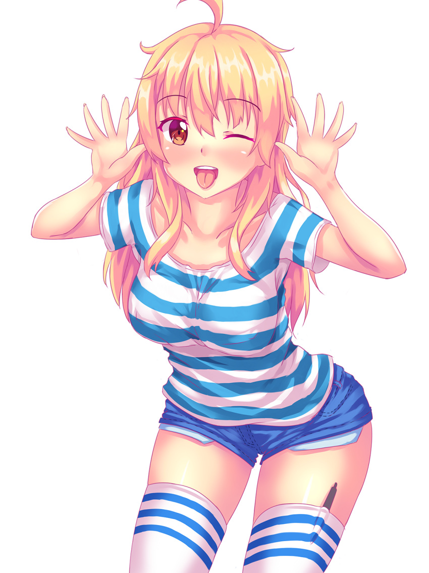 1girl bent_over blonde_hair blue_shorts blue_stripes blush breasts brown_eyes caucasian closed_eye denim denim_shorts exposed_pocket eyebrows_visible_through_hair fast-runner-2024 highres long_hair medium_breasts one_eye_closed open_hands open_mouth original pen pocket shiny shiny_skin shirt short_shorts short_sleeves shorts striped striped_legwear striped_shirt thigh-highs thighs tiffy tongue tongue_out tube_socks zettai_ryouiki