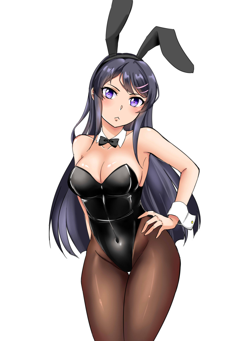 1girl absurdres angel_lingxing animal_ears black_hair black_legwear black_leotard black_neckwear bow bowtie breasts bunnysuit chinese_commentary cleavage commentary_request cowboy_shot detached_collar hand_on_hip highres leotard long_hair looking_at_viewer medium_breasts pantyhose rabbit_ears sakurajima_mai seishun_buta_yarou simple_background solo standing strapless strapless_leotard violet_eyes white_background wrist_cuffs