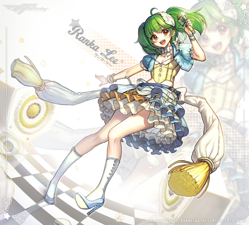 1girl ahoge belt blush bow bracelet breasts character_name choker cleavage cropped_jacket foreshortening frilled_skirt frills green_hair hairband high_heels honnou_(kjs9504) jewelry layered_skirt macross macross_frontier microphone midriff_peek open_mouth puffy_short_sleeves puffy_sleeves ranka_lee red_eyes short_sleeves skirt small_breasts smile solo standing standing_on_one_leg twintails