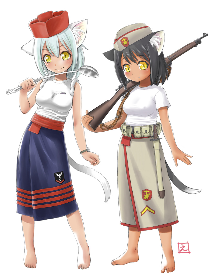 2girls animal_ears arm_at_side barefoot belt belt_pouch beret black_hair blue_hair blue_skirt blush breasts cat_ears cat_tail closed_mouth ebifly erect_nipples eyebrows_visible_through_hair fang_out grey_skirt gun hat highres holding holding_gun holding_weapon holster knife ladle medium_breasts military military_uniform multiple_girls original over_shoulder pouch rifle shirt short_hair signature simple_background skirt slit_pupils smile standing tail uniform watch watch weapon weapon_over_shoulder white_background white_shirt yellow_eyes