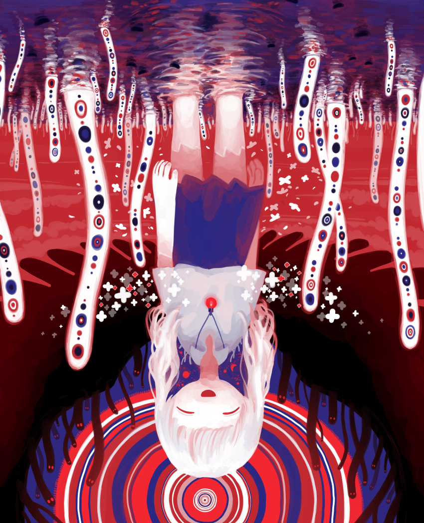 1girl absurdres bangs blue_skirt closed_eyes collared_shirt crescent glowing highres jewelry liquid long_hair necklace no_nose open_mouth original partially_submerged reflection shirt sizucomaru skirt smile solo upside-down white_hair white_shirt
