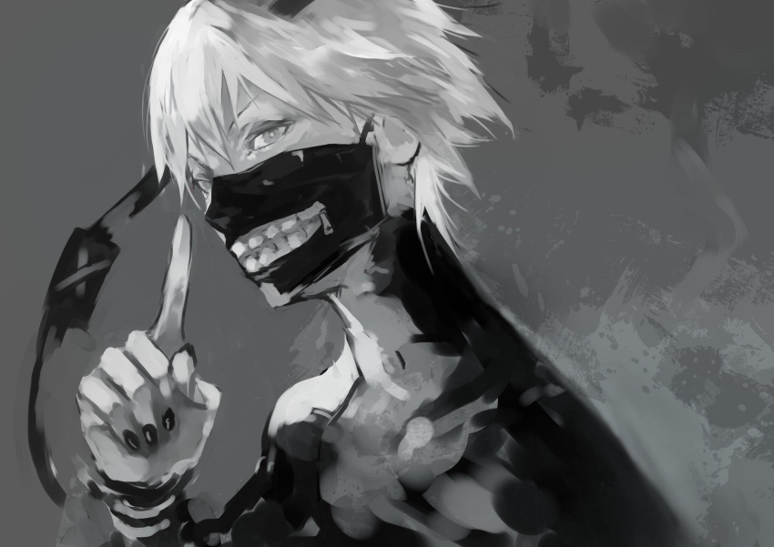 1boy 55level black_bodysuit black_eyepatch black_nails blurry bodysuit commentary_request covered_mouth covering_nose eyepatch eyepatch_removed face_mask fingernails grey_background grey_eyes greyscale hair_between_eyes half_mask highres kaneki_ken long_neck looking_at_viewer male_focus mask monochrome nail_polish pointing pointing_up short_hair simple_background solo tokyo_ghoul white_hair