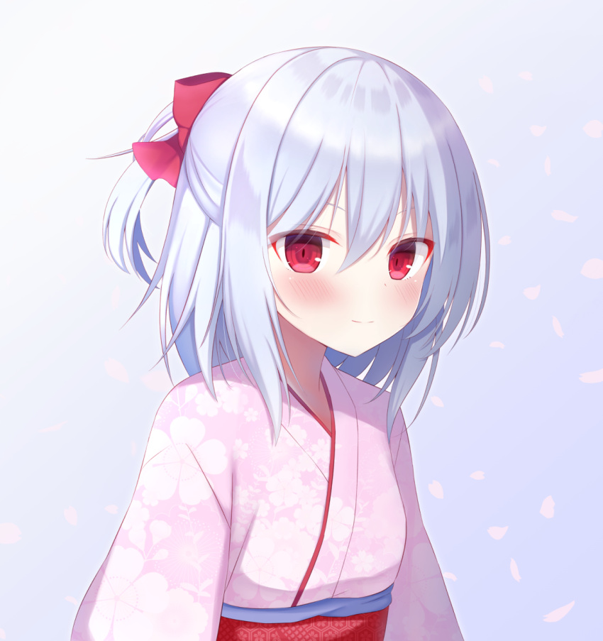 1girl arms_at_sides bangs blue_background blush bow breasts cherry_blossoms closed_mouth commentary_request firepo floral_print gradient gradient_background hair_between_eyes hair_bow highres japanese_clothes kimono looking_at_viewer obi pink_kimono print_kimono red_bow red_eyes remilia_scarlet sash short_hair small_breasts smile solo touhou upper_body v-shaped_eyebrows white_background white_hair