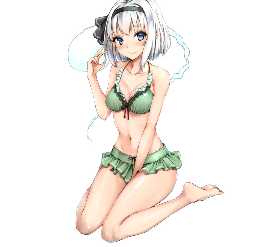 1girl amagi_(amagi626) bare_arms bare_legs bare_shoulders barefoot bikini black_hairband black_ribbon blue_eyes blush breasts cleavage collarbone commentary_request eyebrows_visible_through_hair full_body green_bikini hair_ribbon hairband hand_up highres konpaku_youmu konpaku_youmu_(ghost) looking_at_viewer medium_breasts navel ribbon rock shiny shiny_skin short_hair silver_hair simple_background sitting smile solo stomach swimsuit thighs touhou wariza white_background