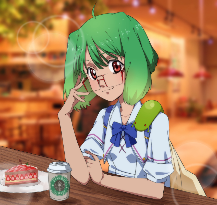 1girl ahoge bespectacled cake eyebrows_visible_through_hair food glasses green_hair looking_at_viewer macross macross_frontier nagi_(koutei_penguin) official_style oosanshouuo-san ranka_lee red_eyes school_uniform serafuku short_hair smile starbucks